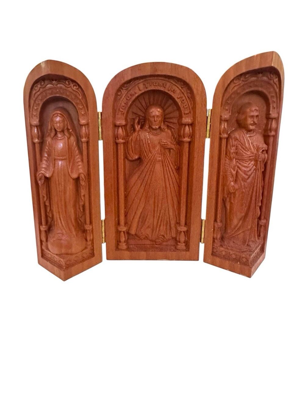 Hand Carved Wooden Portable Altar -‎ Statue of Jesus Mary & Joseph Bethlehem